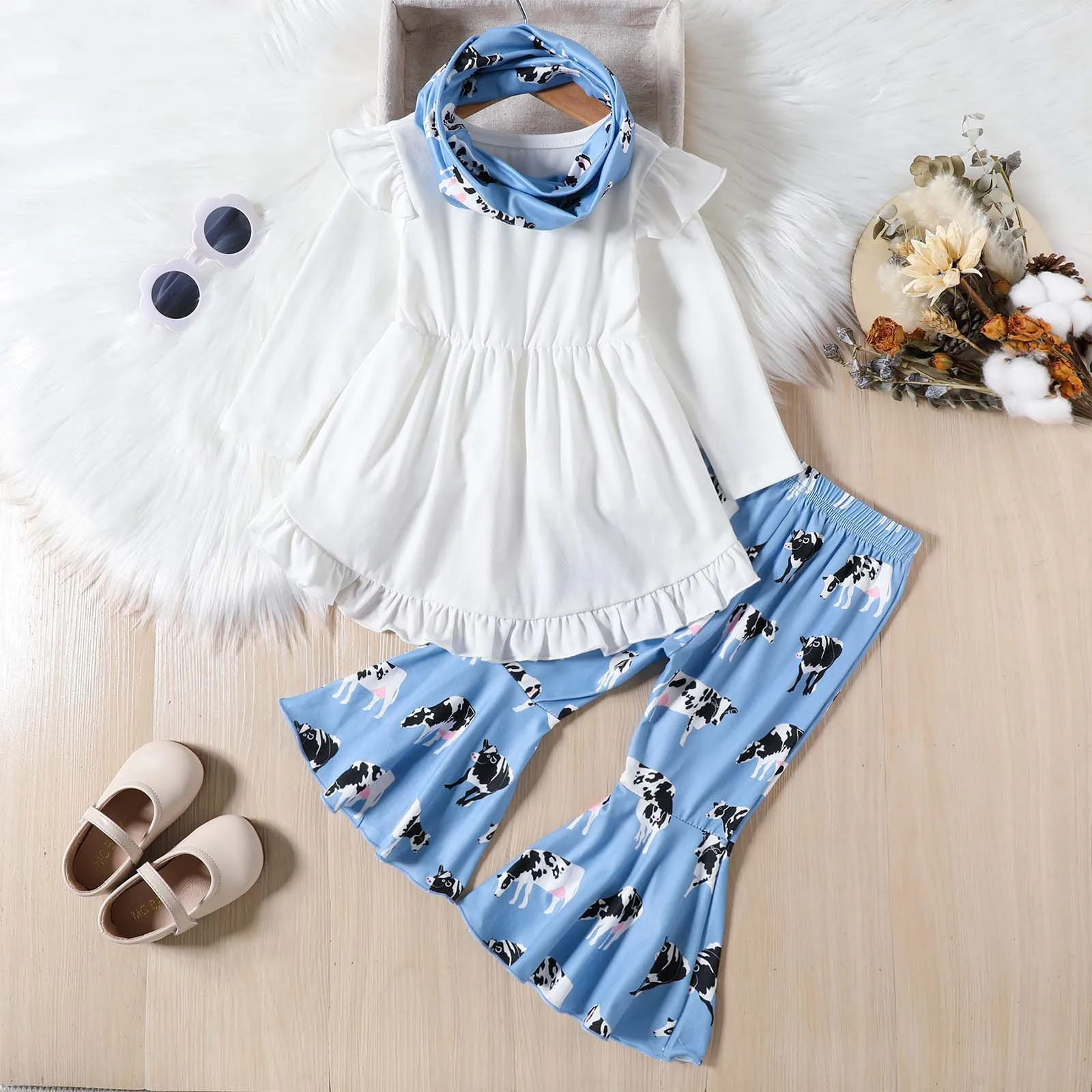 Conjunto primavera otoño niñas tops volantes y pantalones acampanados - imagen 2