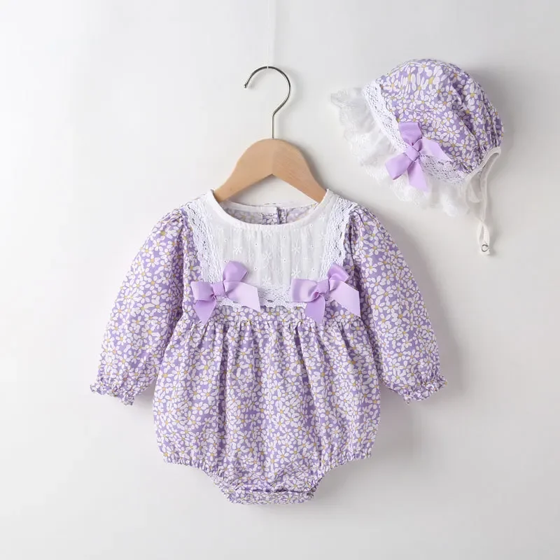 Body de verano para niñas recién nacidas, moda coreana, bonito lazo, flores, encaje, monos de manga larga de algodón + sombrero, ropa para bebés BC1836 - imagen 5