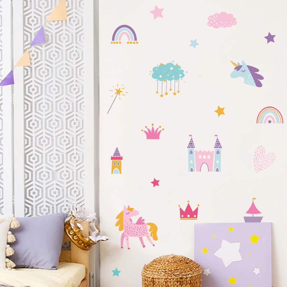 Pegatinas de pared acuarela infantiles – Unicornio, hada y arcoíris - imagen 4
