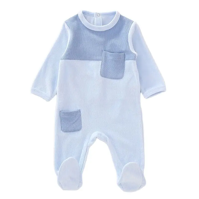 Baby romper pyjamas round neck long sleeves children clothing pocket piece patched baby overalls ribbed baby  clothes rompers - imagen 2
