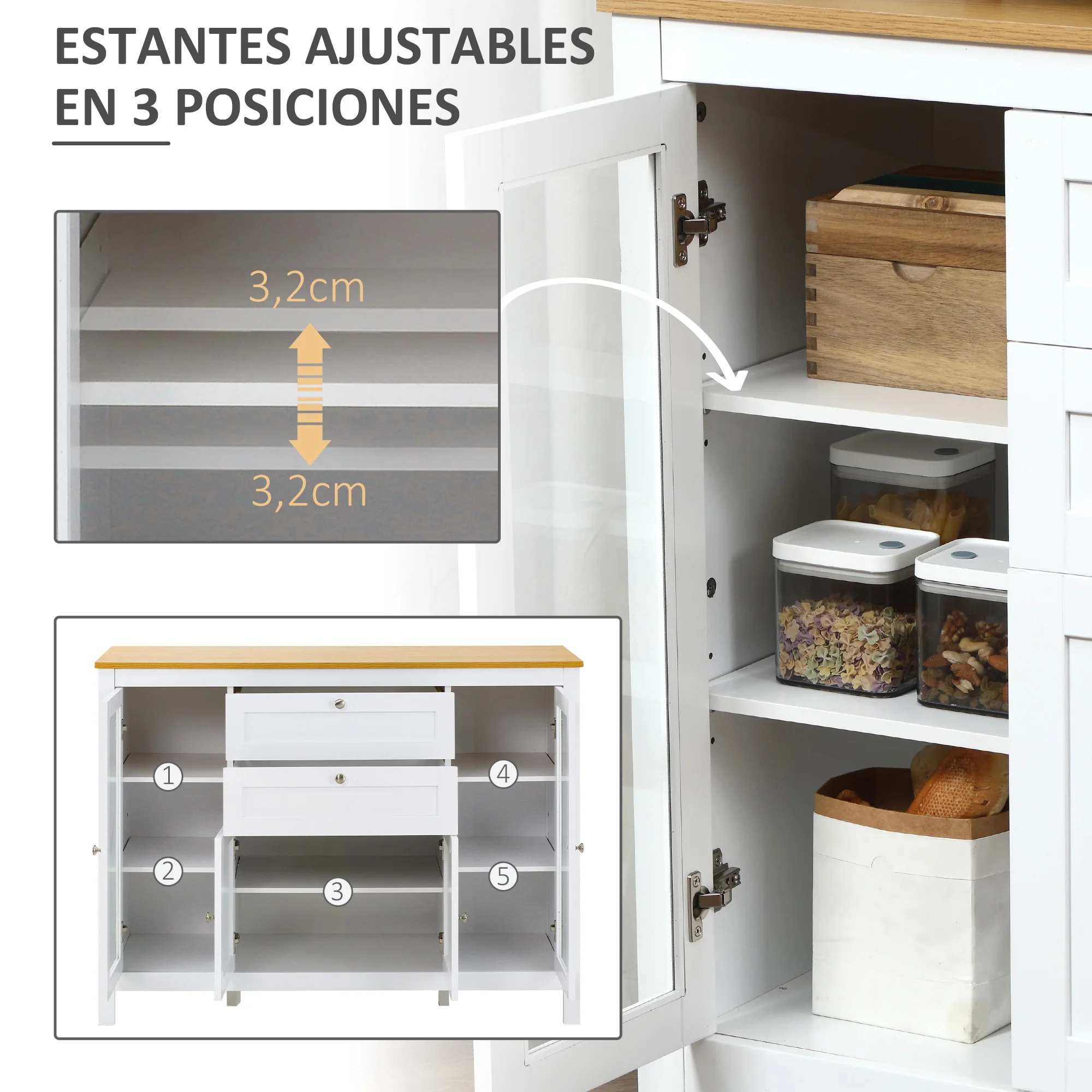 HOMCOM Aparador de Cocina con Armario 2 Cajones 2 Puertas de Vidrio y Estantes Ajustables Muebles Auxiliar de Almacenaje para Comedor Salón 120x40x90 cm Blanco - imagen 5