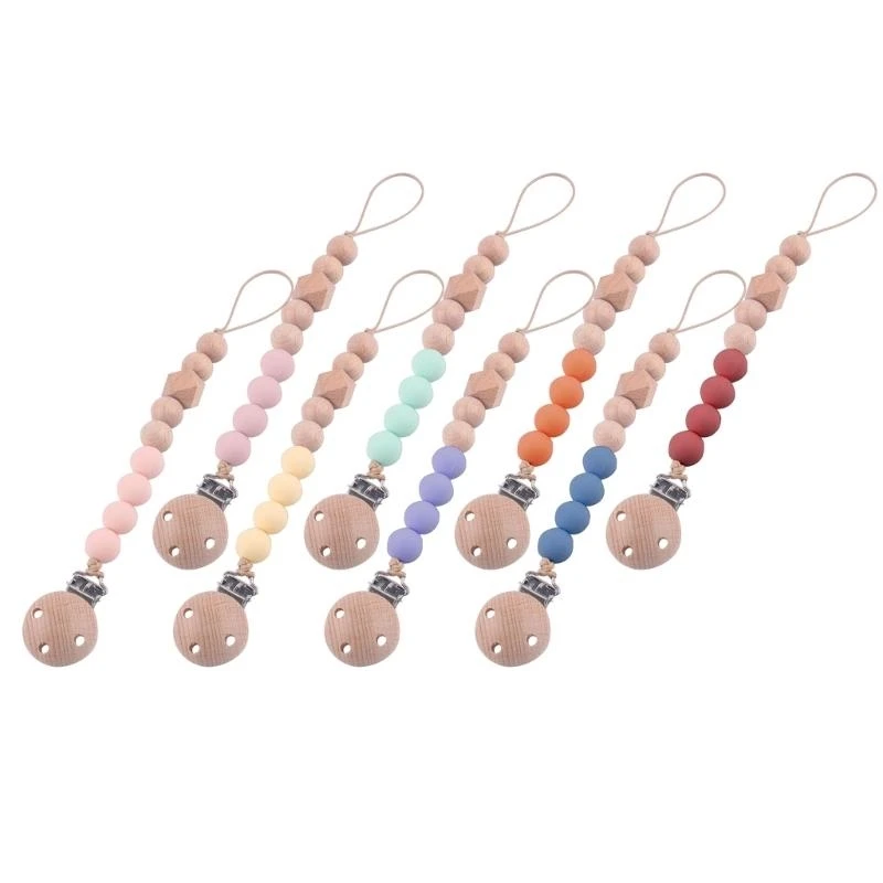 M76C Beech-Wood Silicone Bead Pacifier Clip Cadena anti-Drop Baby Baby esencial - imagen 2