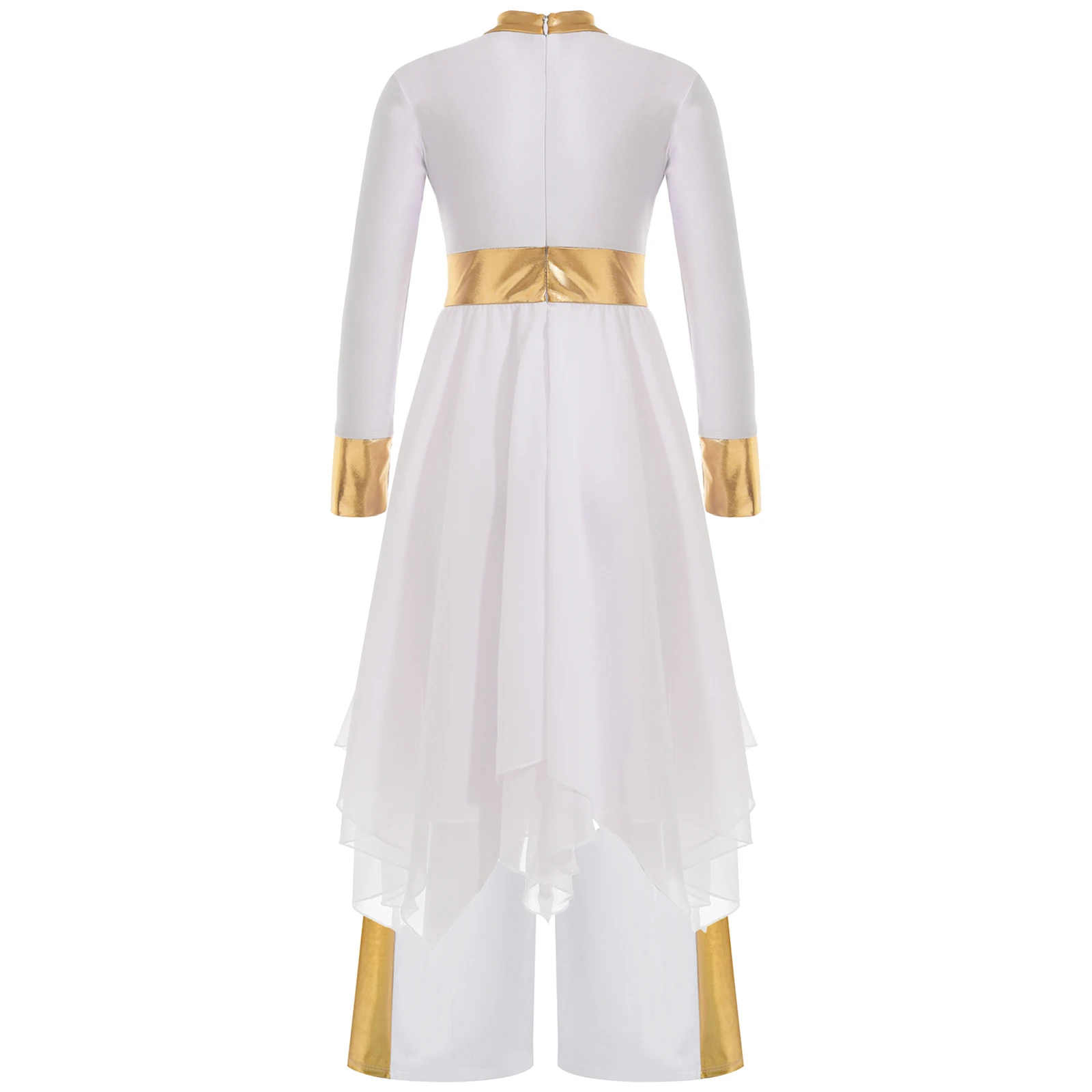 Traje de baile litúrgico para niñas, vestido de baile de alabanza de iglesia con retales metálicos de bloques de Color de manga larga con conjuntos de pantalones de pierna ancha - imagen 5