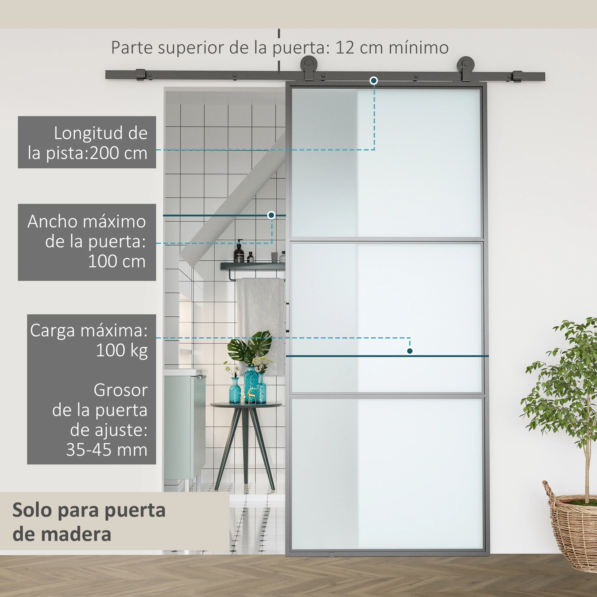 HOMCOM Herraje para Puerta Corredera 200 cm Kit de Accesorios para Puerta Corredera Carga 100 kg con 2 Rieles de Acero al Carbono Guia para Puerta de Granero 200x40x0,6 cm Negro - imagen 3