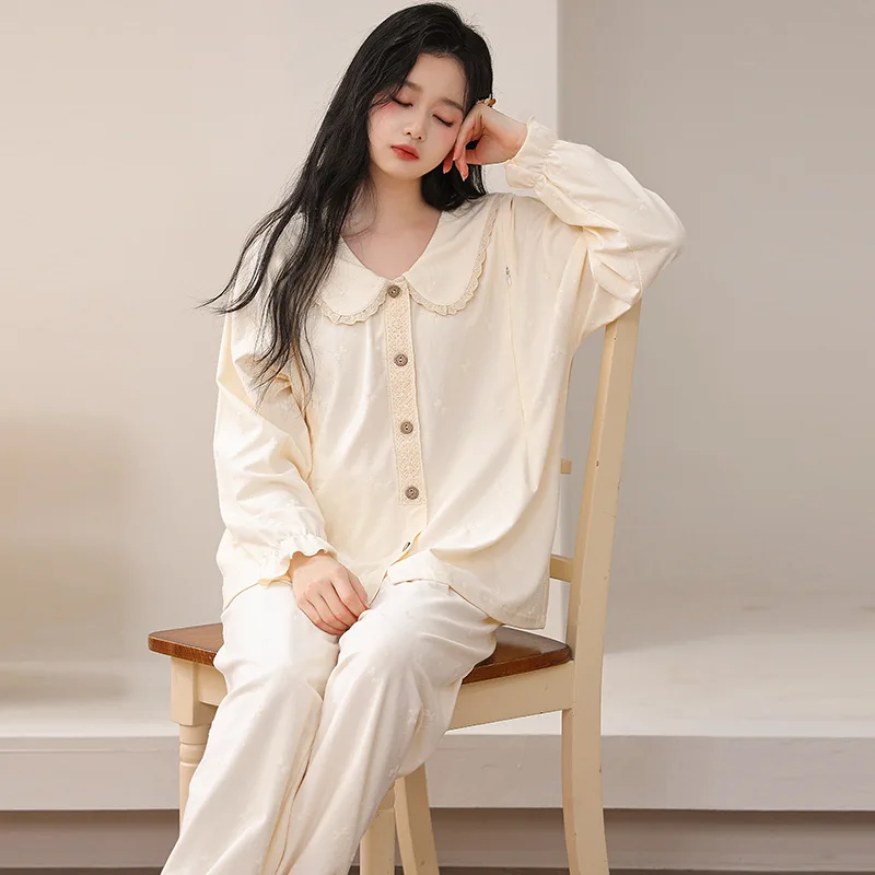 Ropa de dormir dulce de maternidad para lactancia, ropa de dormir de algodón rosa para amamantar para mujeres embarazadas, pijamas de otoño para embarazo, conjunto de ropa de noche - imagen 4