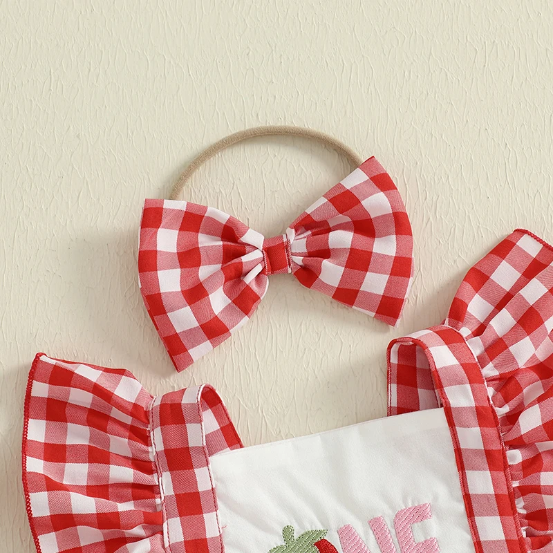 SUNSIOM Mameluco de cumpleaños para niñas, conjunto de mono y diadema con mangas voladoras y estampado de frutas a cuadros informal de verano - imagen 3