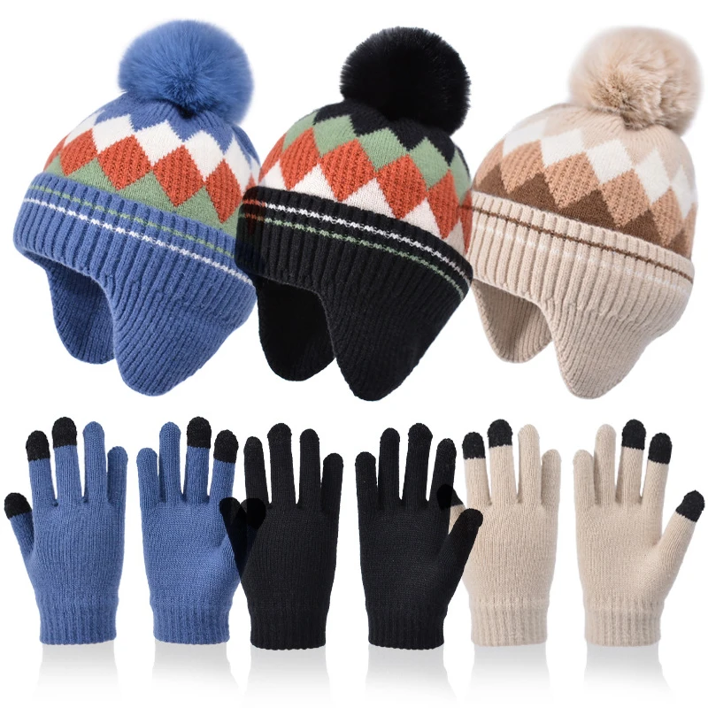 Gorros para niños, guantes, gorro de lana tejido con diamantes coloridos, gorros con protección para los oídos, suministros cálidos para exteriores, 2 uds., 2024