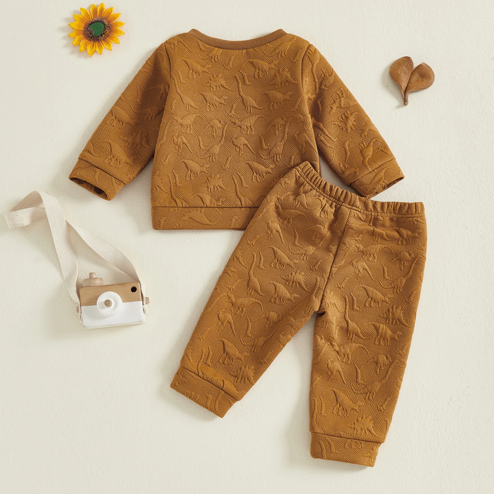 Conjunto de 2 piezas de trajes a rayas de otoño para niño pequeño de 0 a 3 años, jersey de cuello redondo de manga larga de Jacquard de dinosaurio + pantalones de cintura elástica - imagen 2