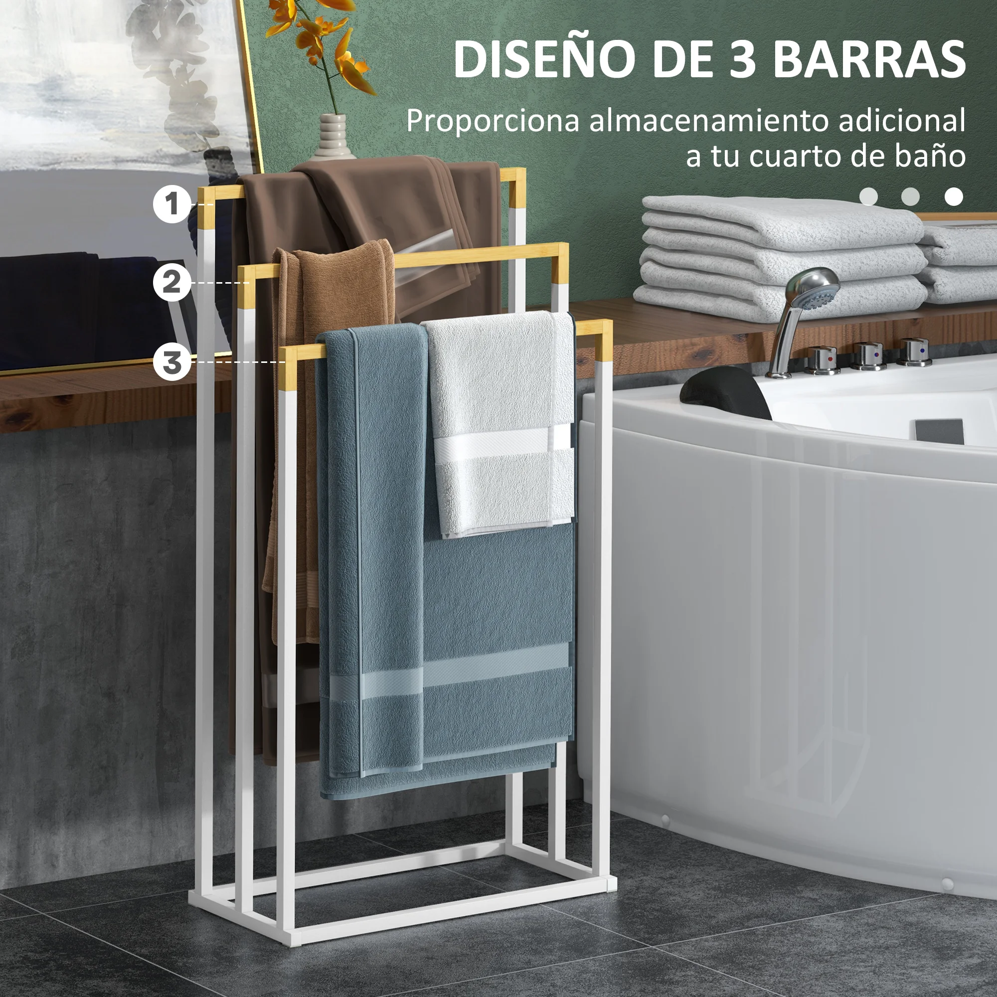 kleankin Toallero Escalera de 3 Niveles Toallero de Pie con 3 Barras de Bambú y Marco de Acero Toallero para Baño Lavadero 45x22,5x86 cm Blanco y Natural - imagen 3