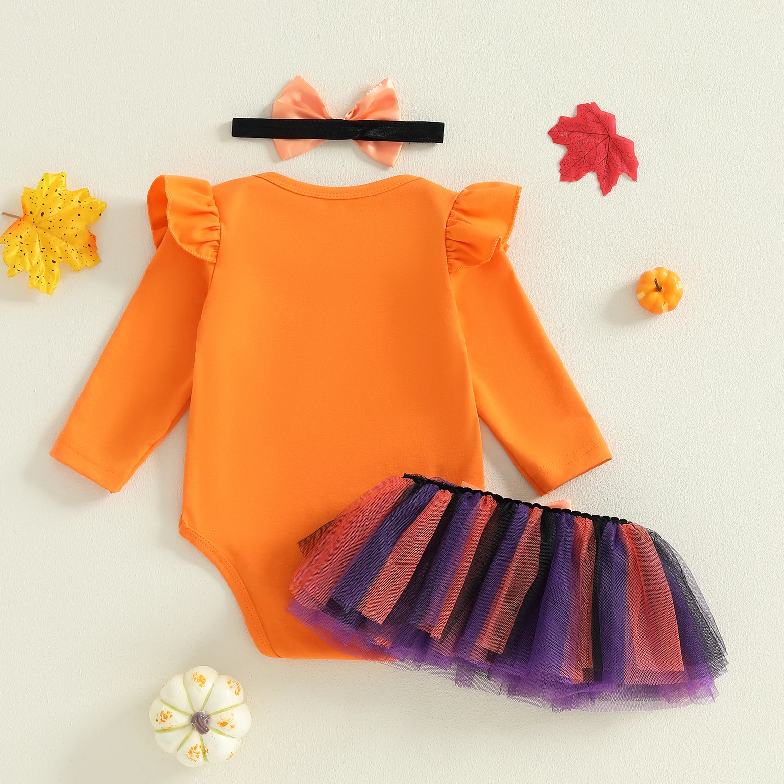 VISgogo Conjuntos de Halloween para niña de 0 a 18 meses, mameluco estampado de manga larga con cuello redondo y falda de tul y diadema con lazo - imagen 2