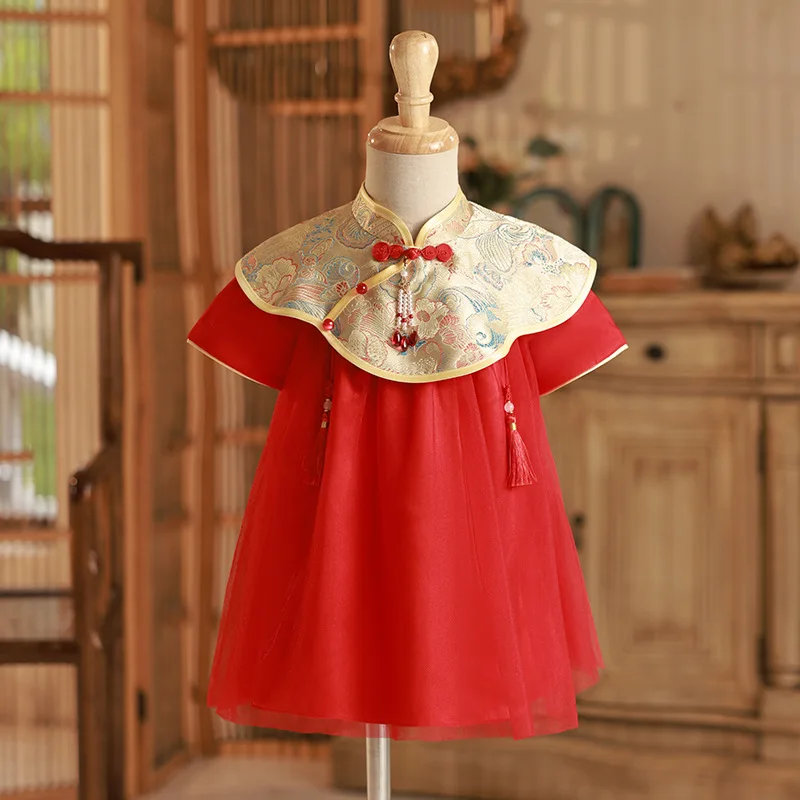 Ropa de estilo chino para niña pequeña, vestido rojo de lujo de manga corta para cumpleaños, BC564, primavera y verano, 2024 - imagen 2