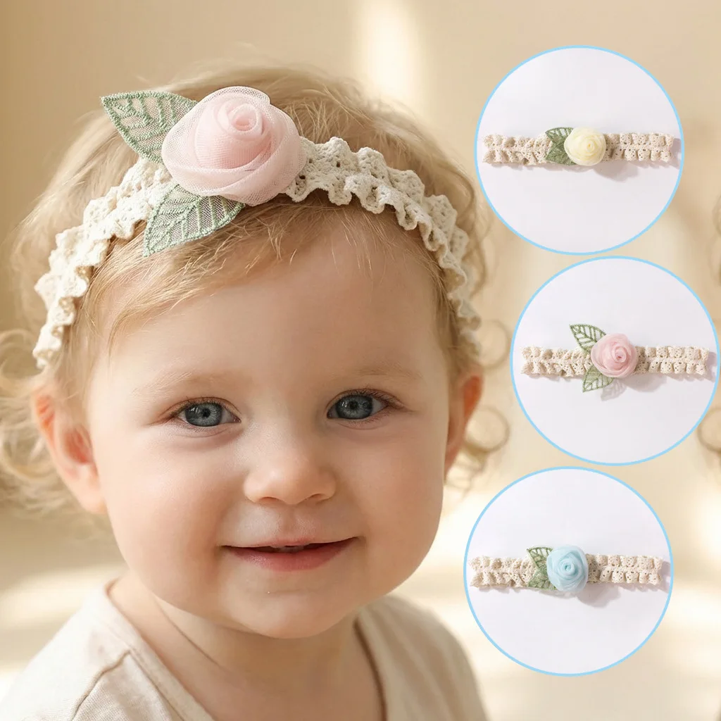 MILANCEL Diadema de encaje bebé – Rosa 3D para niña - imagen 3