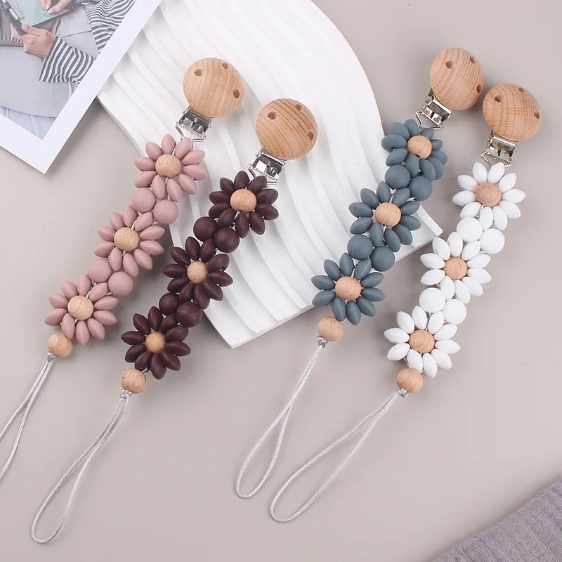 Daisy Bebe-soporte de silicona para chupete, Clip de madera para chupete, cadena, Clip para chupete para bebé, niña, niño, neborn, mordedor masticable infantil - imagen 4