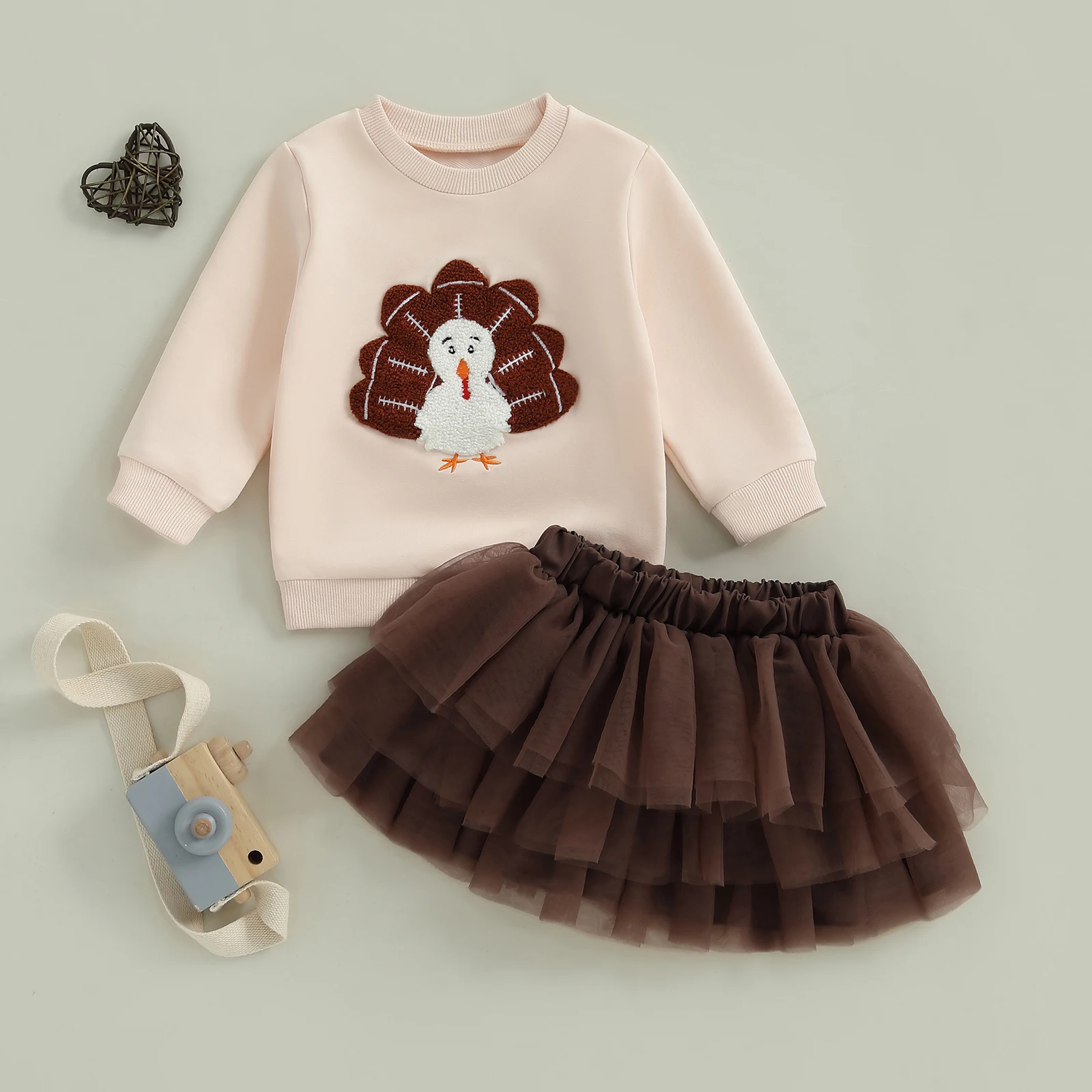 Conjunto de 2 piezas de falda de tul con minifalda acampanada, sudadera bordada de pavo de fútbol, traje de Acción de Gracias para niña pequeña