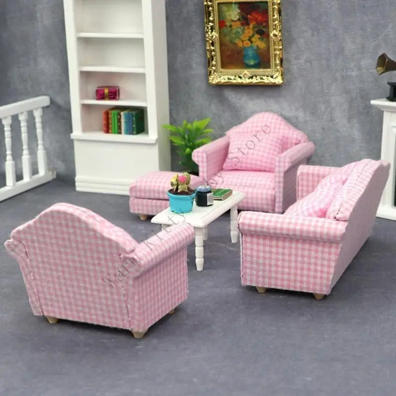 XXFE-muebles para muñecas con marco madera, juego sofás tela para decoración exhibición casa muñecas 1/12 - imagen 3