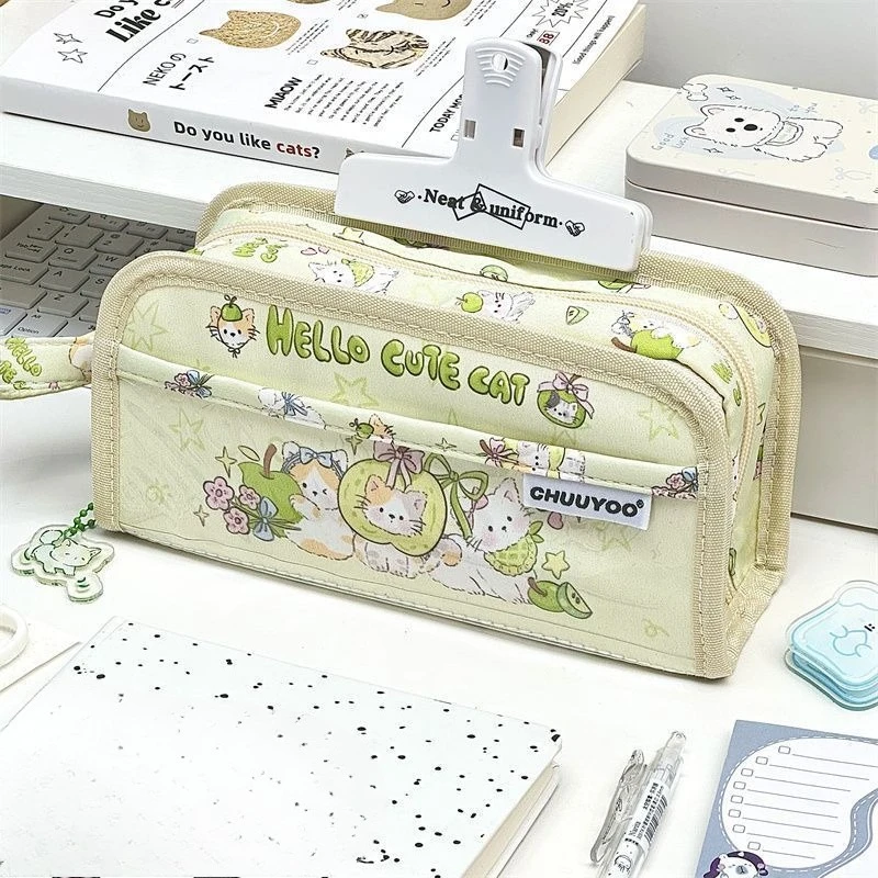 Estuche para lápices gatito y manzana verde - PVC multicapa escolar