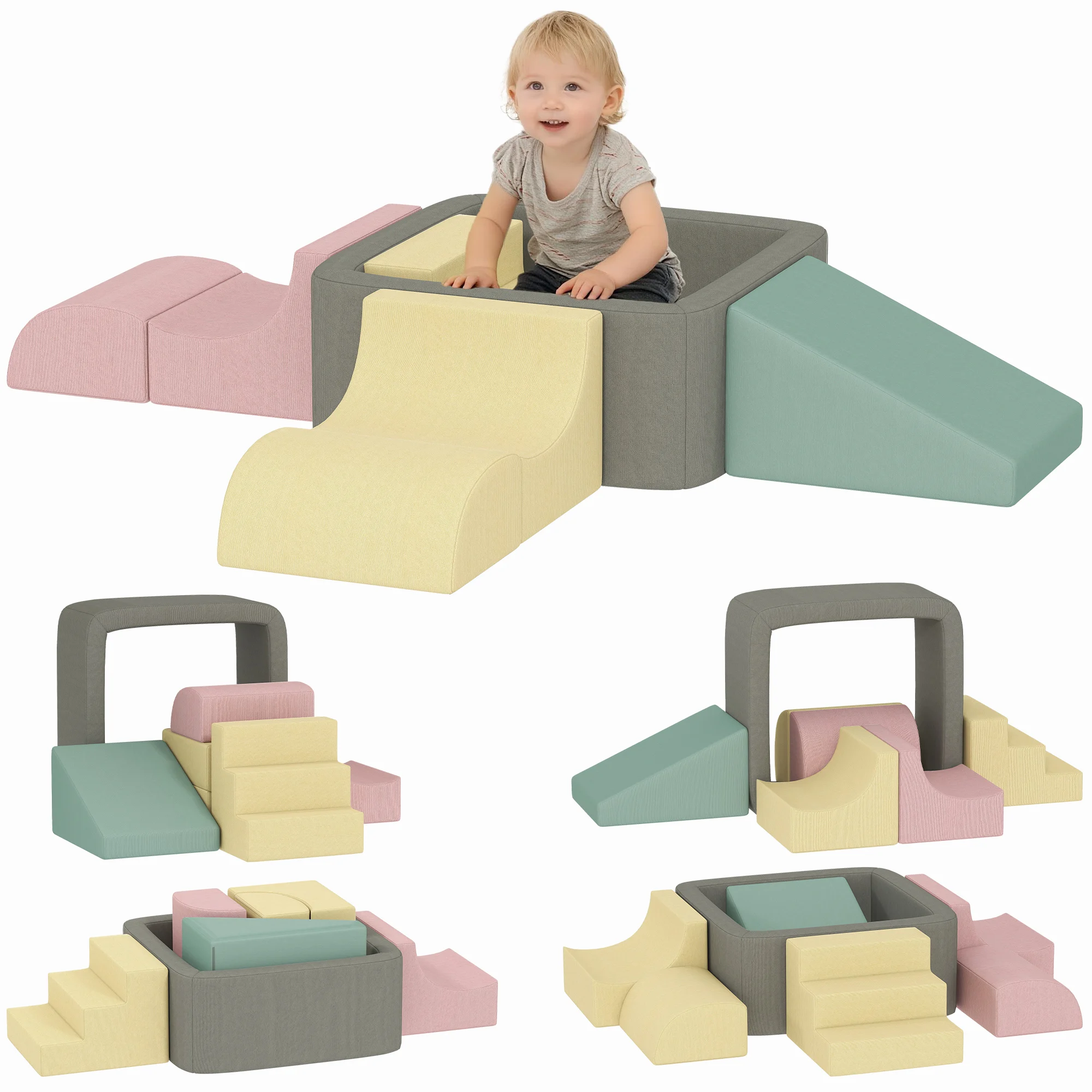 AIYAPLAY Juego de 7 Bloques de Espuma para Niños, Bloques de Psicomotricidad con Fundas de Pana Lavables, Set de Escalada para Interior, para Escalar y Gatear, Multicolor