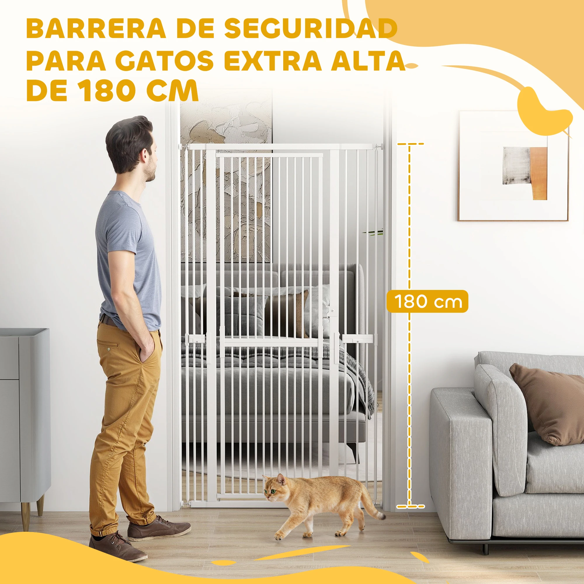 PawHut Barrera de Seguridad para Perros y Gatos Extra Alta 180 cm, Barrera para Perros Extensible 76-104 cm, Separación 3,5 cm, para Puertas y Escaleras, con Montaje a Presión, 2 Extensiones, Blanco - imagen 2