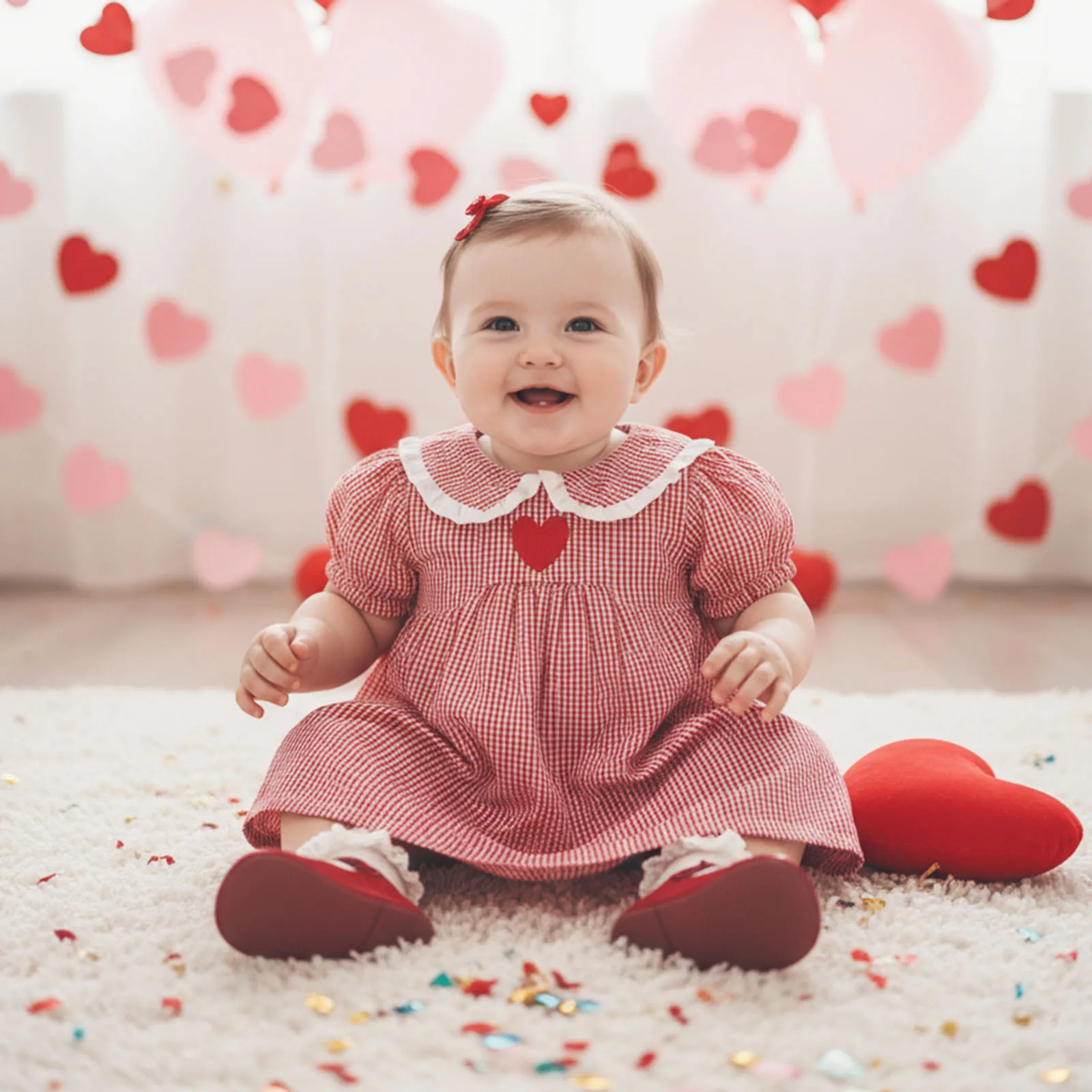 Vestido de San Valentín para niñas pequeñas, vestido holgado de manga corta con cuello de muñeca a cuadros y bordado de corazón de amor - imagen 4