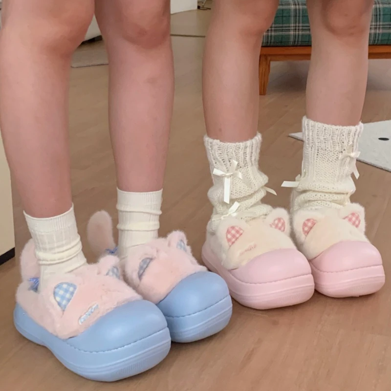 Zapatillas mullidas impermeables con bonito gato de dibujos animados para niñas, zapatos cálidos para el hogar y la calle, zapatillas de algodón antideslizantes suaves de EVA para el hogar para mujer