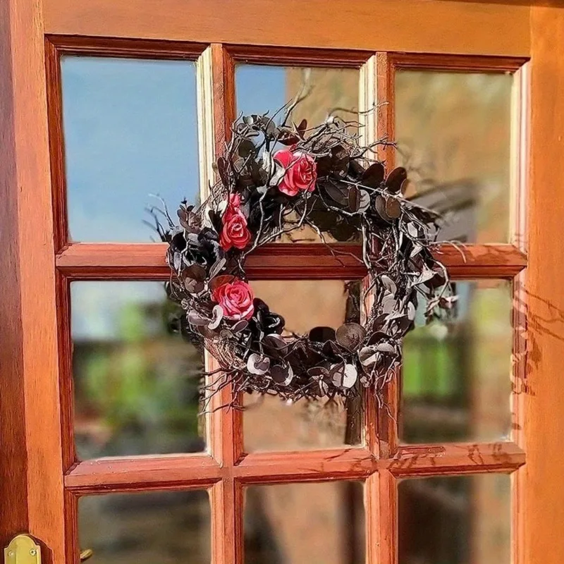 Couronne de porte d'halloween 15.7 pouces, feuilles d'eucalyptus, Rose rouge, noire, joyeux Halloween, couronne artificielle, décoration gothique pour la maison - imagen 5