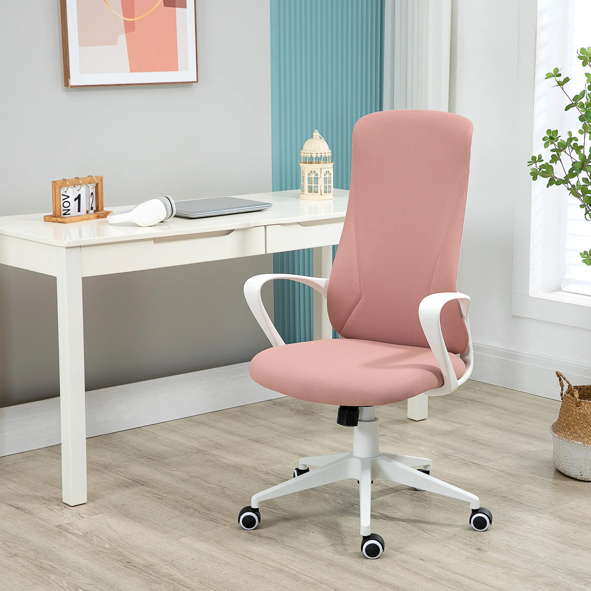 Vinsetto Silla de Oficina Giratoria Altura Ajustable Silla de Escritorio Ergonómica con Reposabrazos Función de Inclinación y Respaldo Alto para Salón Dormitorio 62x56x110-119,5 cm Rosa - imagen 2