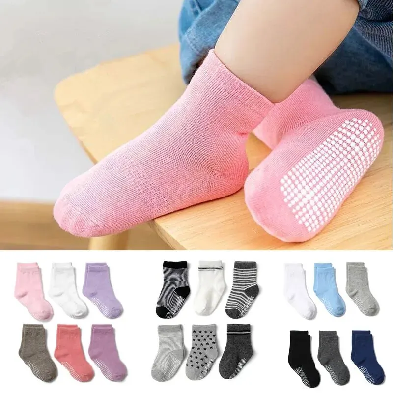 Calcetines tobilleros antideslizantes con empuñaduras para bebés, niños y niñas, calcetines de suelo de algodón para todas las estaciones de 0 a 3 años, 6 par/lote