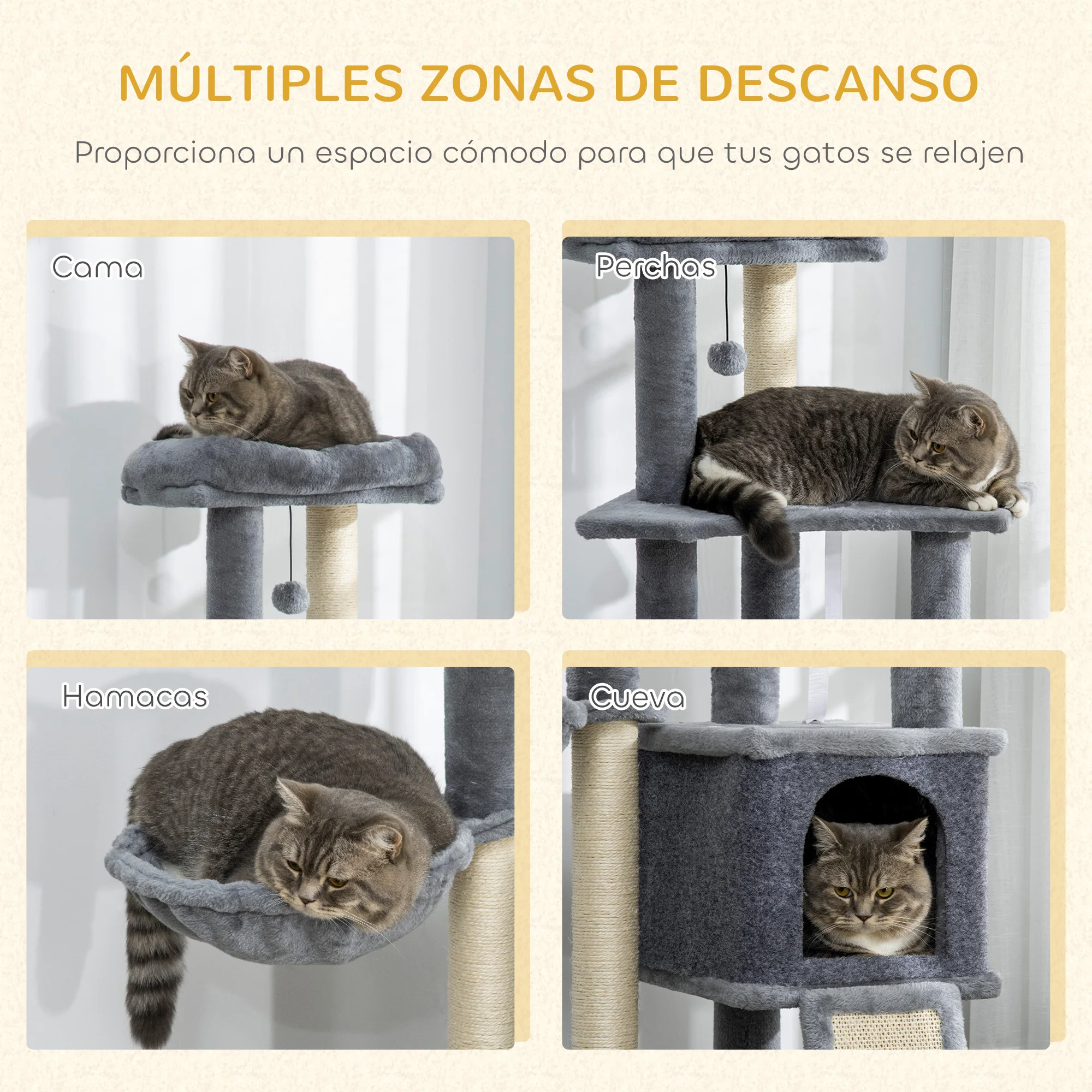 PawHut Árbol Rascador para Gatos, Árbol para Gatos 127 cm, Torre Escalador con Cueva, Hamaca, Cama, Plataformas, Rampa de Sisal, Bola Colgante, Gris - imagen 4