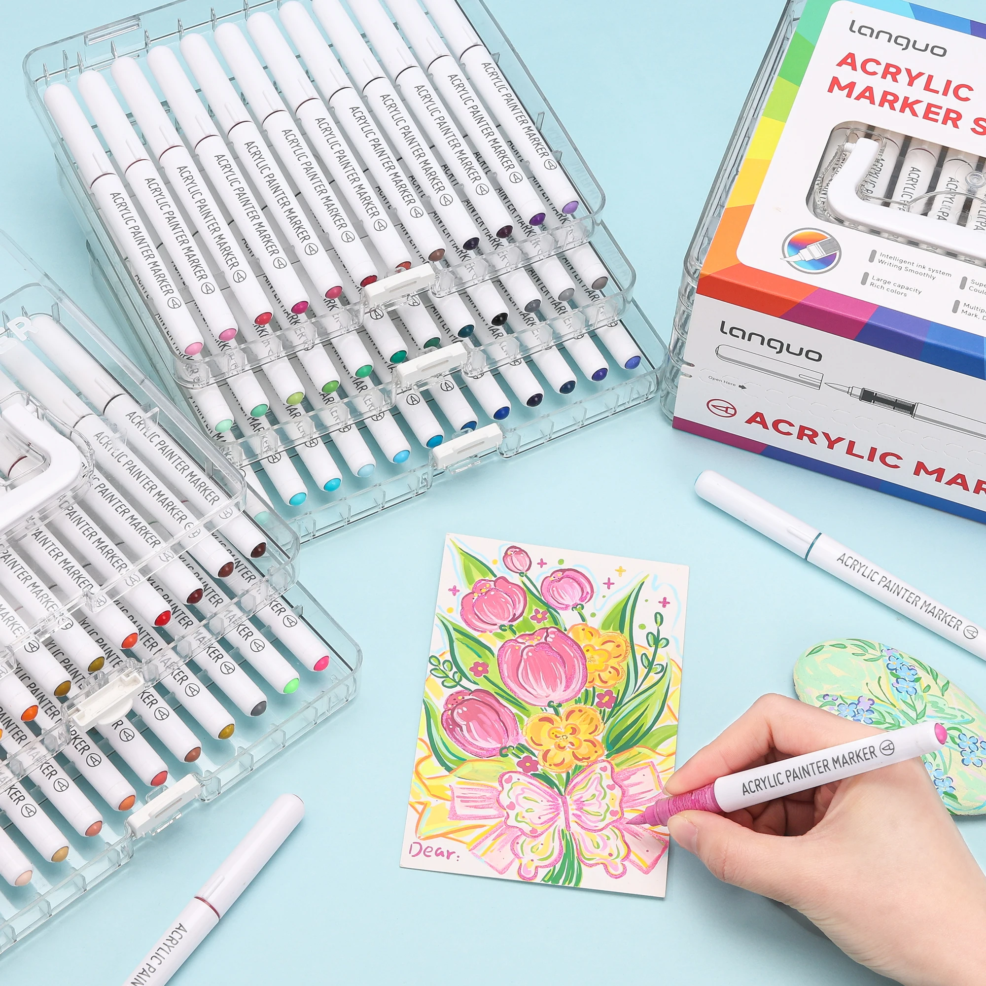 Rotuladores de pintura acrílica con control automático de tinta, con caja de almacenamiento en capas, bolígrafos de pintura acrílica con punta de pincel para pintura rupestre, cerámica, - imagen 2