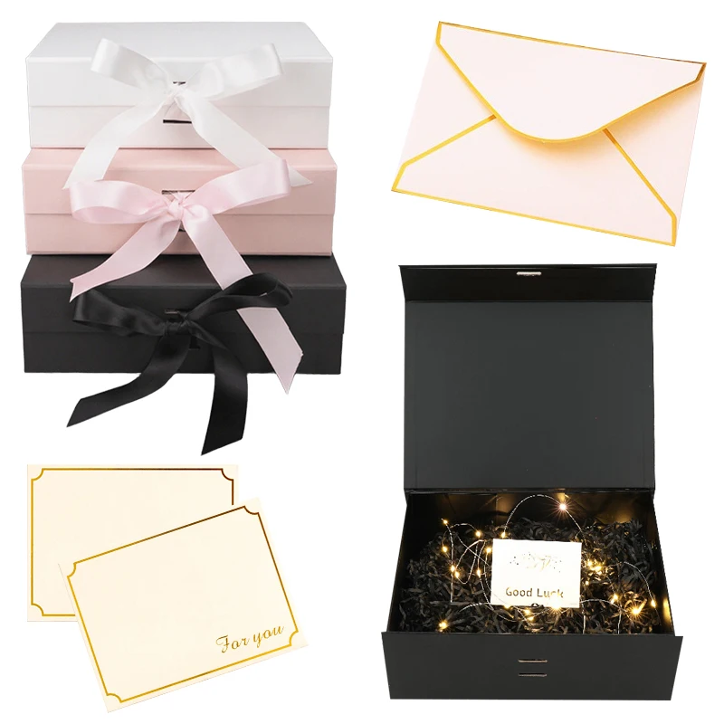 Caja de regalo con cinta de lujo de 23cm, caja de regalo disponible en 3 colores, rosa, negro y blanco, tarjeta de felicitación de hierba Lafite, paquete de recuerdo ZYF
