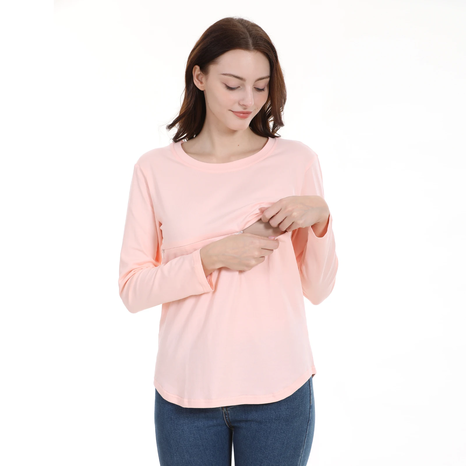 Ropa de maternidad holgada, camiseta de manga larga con cuello redondo y cremallera, camisetas de lactancia para mujeres embarazadas, camisetas de lactancia posparto de talla grande - imagen 2