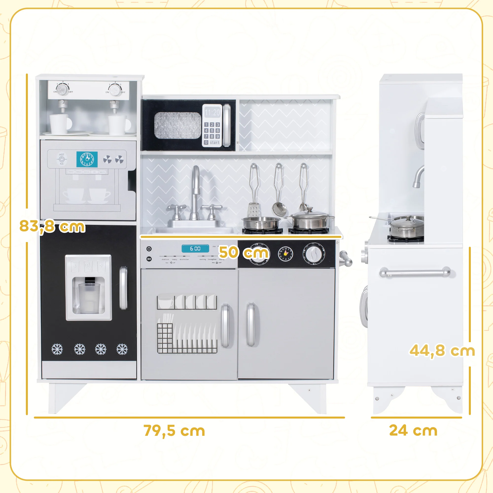 AIYAPLAY Cocina de Juguete de Madera con Sonido, Cocinita Infantil con Accesorios de Acero Inoxidable, Microondas, Máquina de Hielo, Cafetera, Lavavajillas, 79,5x24x83,8 cm, Blanco - imagen 3