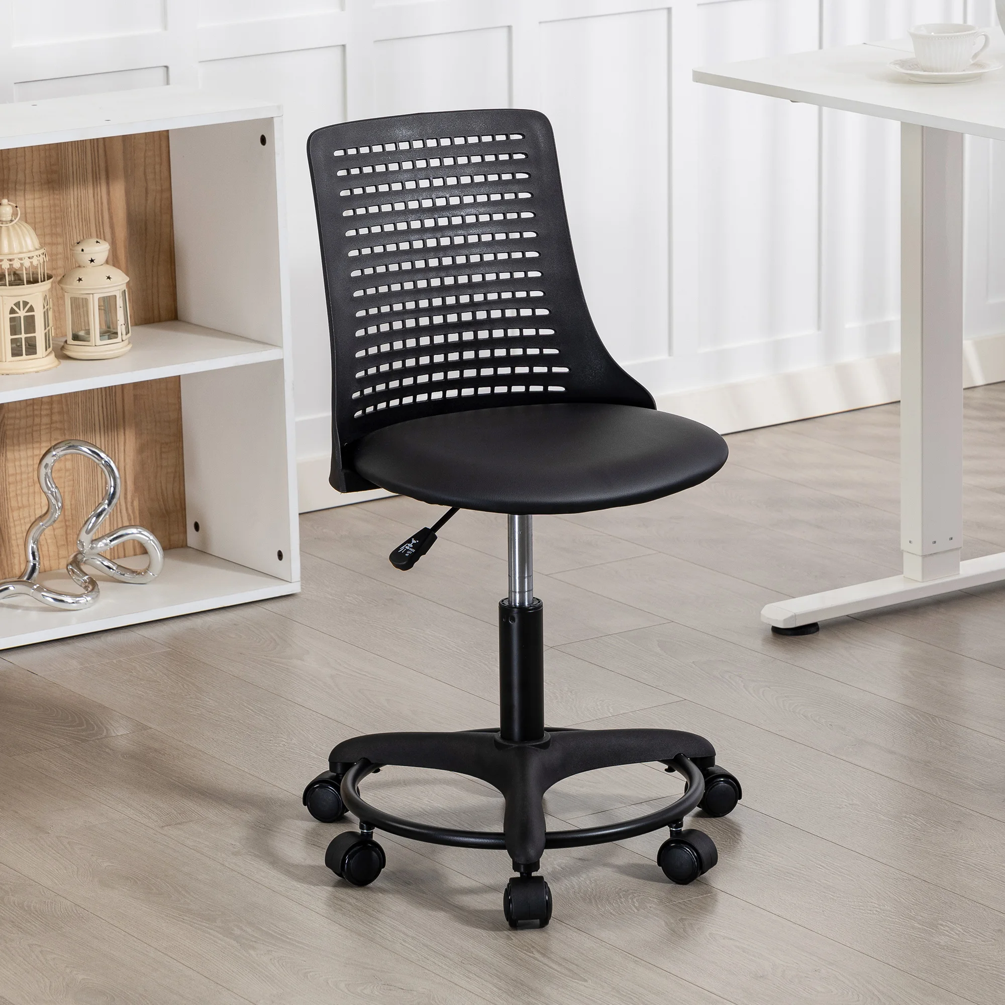 HOMCOM Silla de Escritorio sin Brazos, Silla de Oficina Giratoria, con Respaldo Hueco, Asiento Acolchado de Espuma de Alta Resiliencia, Altura Ajustable, Negro - imagen 2