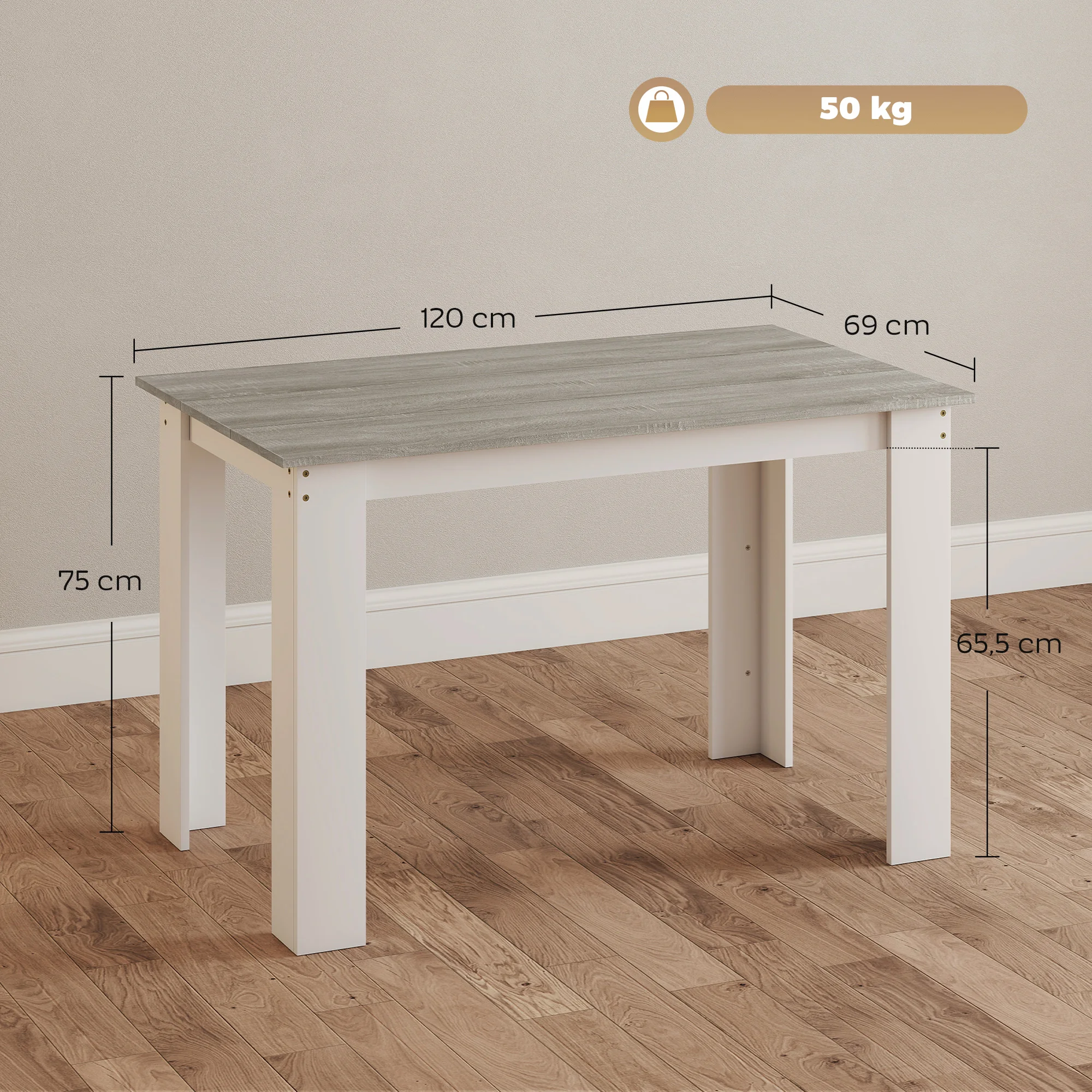 HOMCOM Mesa de Comedor para 4-6 Personas Mesa de Cocina Rectangular Estilo Moderno Carga 50 kg 120x69x75 cm Gris y Blanco - imagen 3