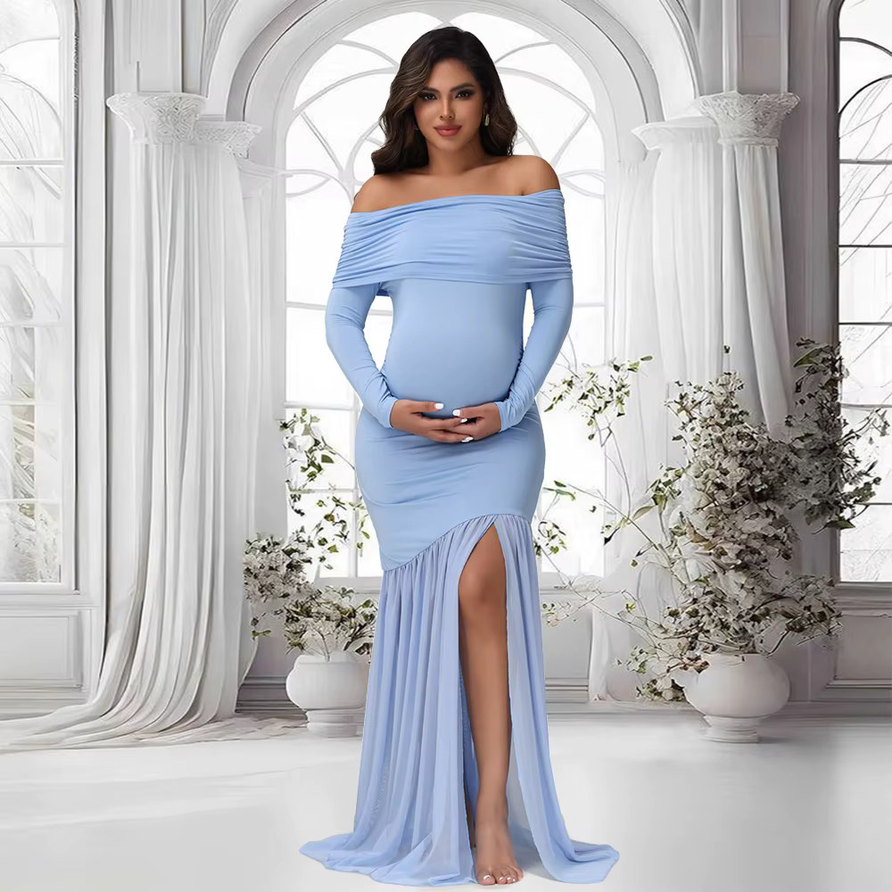 Vestido de maternidad con hombros descubiertos y cola de pez para fiesta - imagen 3
