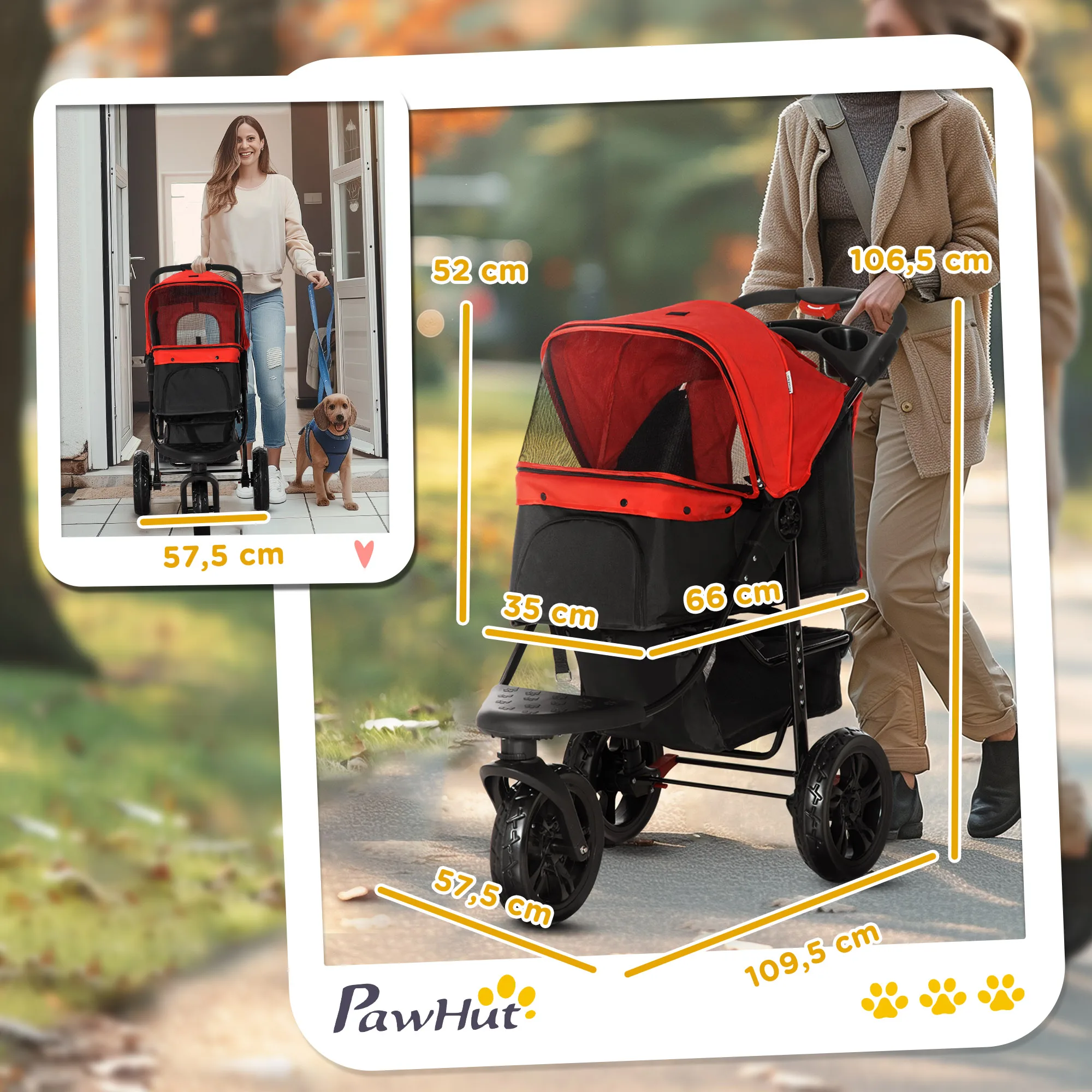 PawHut Carrito para Perros Plegable Cochecito para Mascotas Carrito para Perros Pequeños con 3 Ruedas Ventanas de Malla Cesta de Almacenaje y Correas de Seguridad 109,5x57,5x106,5 cm Rojo - imagen 3