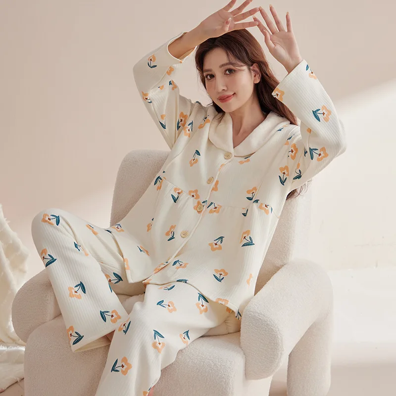 Conjunto de ropa de dormir de maternidad para lactancia, pijamas de lactancia acolchados de algodón estampado para otoño e invierno, para embarazo, salón en casa, uso hospitalario - imagen 3