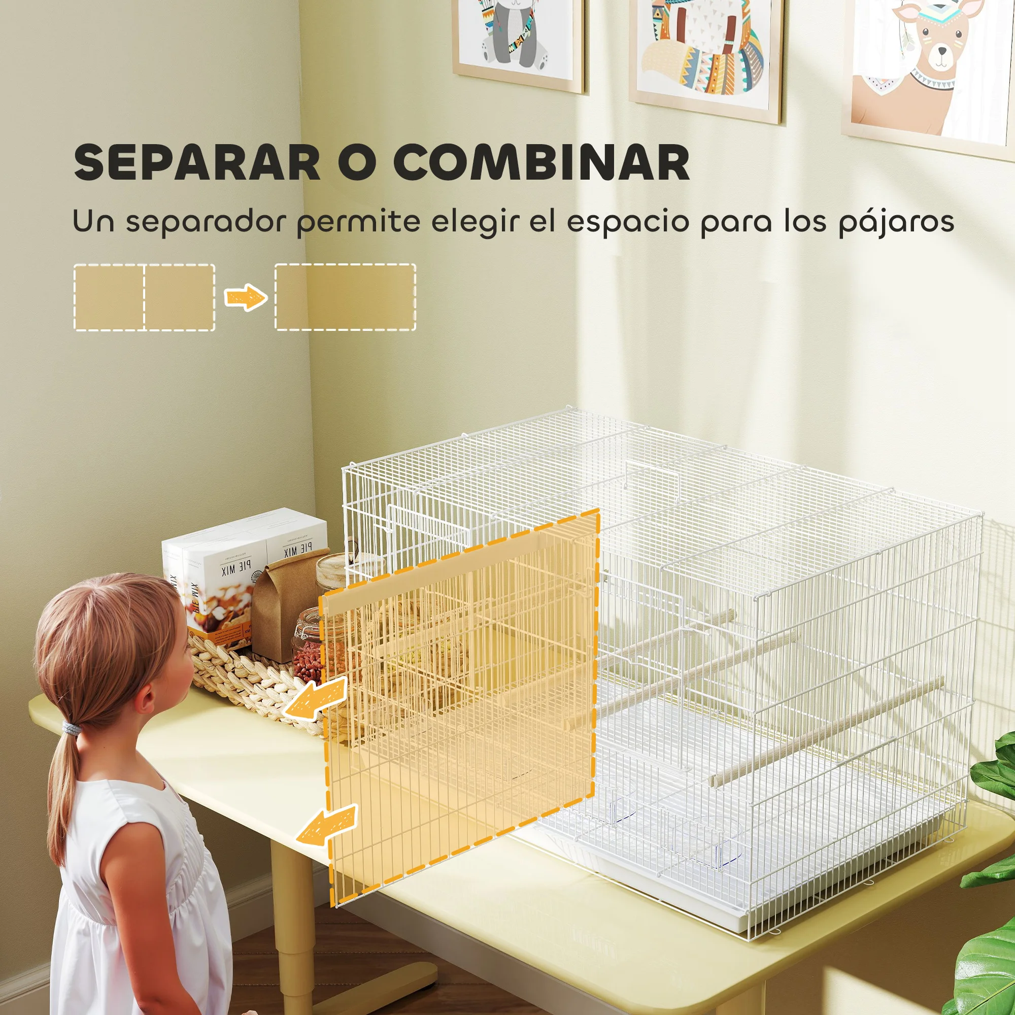 PawHut Jaula para Pájaros con Divisor Pajarera con 4 Comederos 4 Perchas y Bandeja Extraíble Jaula para Loros Canarios Periquitos 76x46x46 cm Blanco - imagen 4