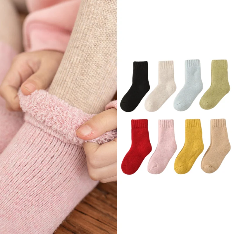 Calcetines de lana extremadamente cálidos para bebé, calcetines informales con forro térmico de Color sólido para niños, botines de punto de invierno cálidos para recién nacidos, Unisex