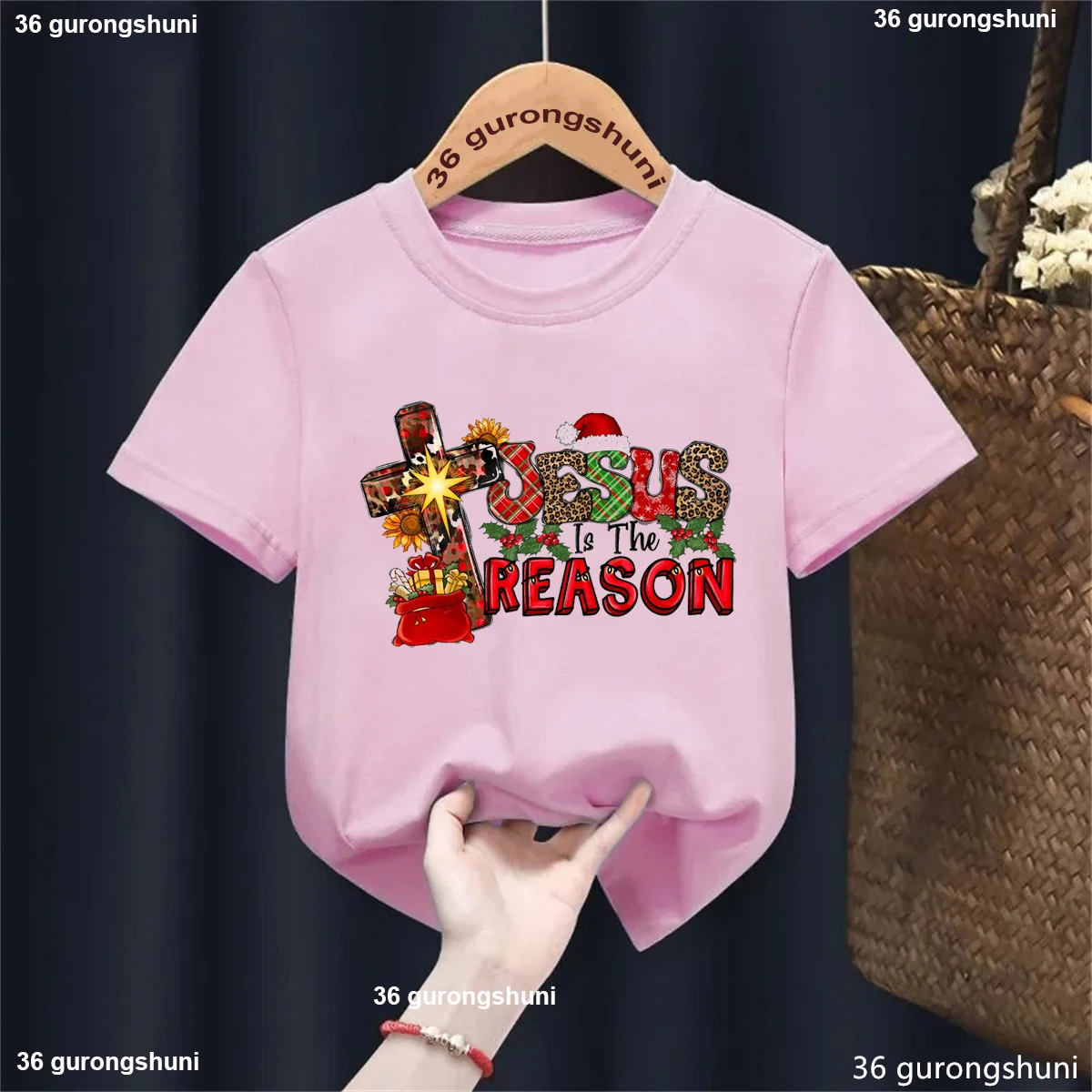 T-shirt imprimé graphique de Jésus la saison pour la raison, cadeau de Noël pour filles et garçons, vêtements pour enfants, blanc, rose, gris, blute - imagen 4