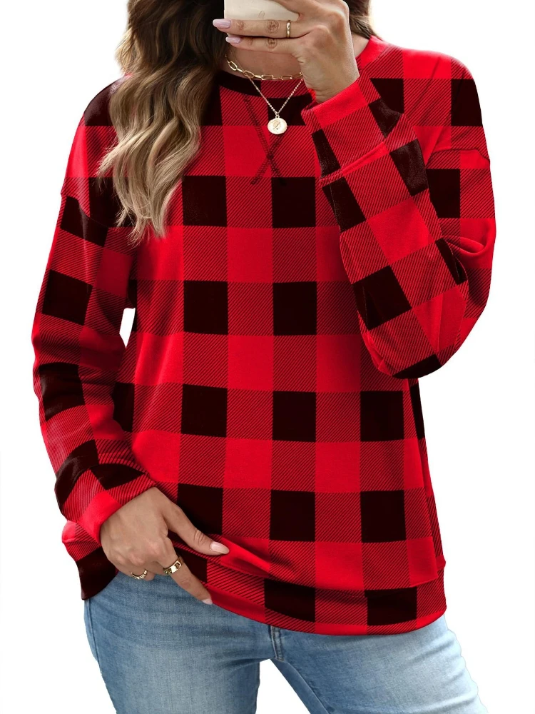 Sudadera con cuello redondo para mujer, camisa holgada de manga larga a cuadros, Top suave y versátil para Navidad, primavera y otoño