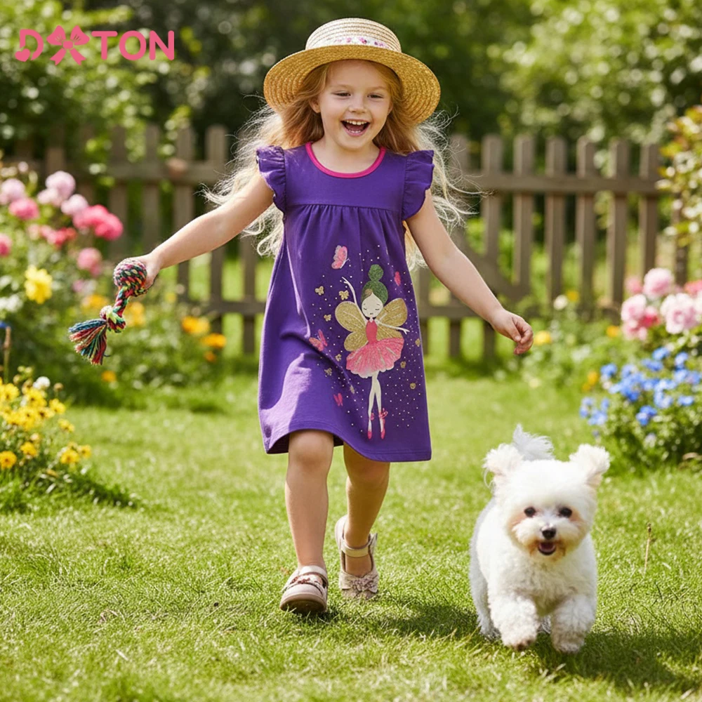 DXTON Vestido de verano de algodón con estampado de elfos para niñas