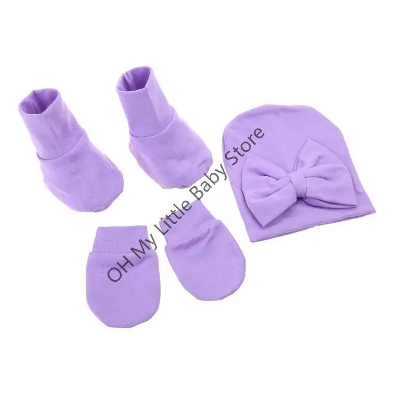 M76C Gorro con lazo para bebé, guantes sin arañazos, conjunto cubierta para los pies, manoplas algodón suave, gorro,