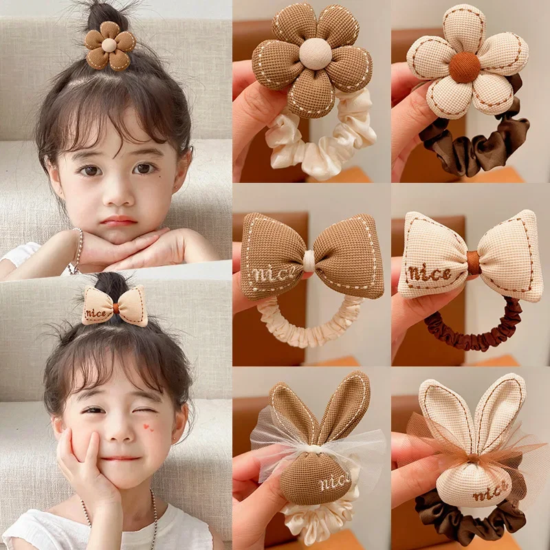 Bandas elásticas para el cabello de Chocolate de dibujos animados coreanos, lazos para el cabello de oso y conejo, cuerda para niñas, coleteros de flores con sonrisa de goma, soporte para cola de caballo para niños