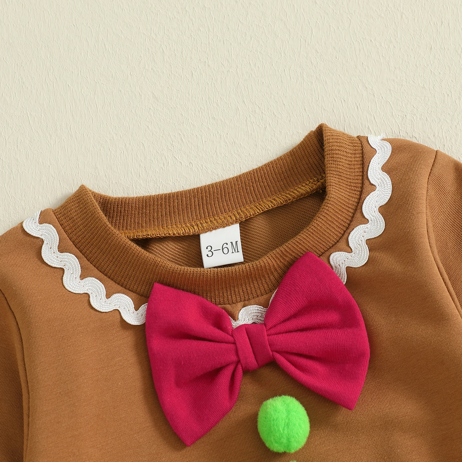 SUNSIOM-mono de pan de jengibre para bebé de 0 a 18 meses, peleles de Navidad de manga larga con lazo decorativo y bolas de felpa - imagen 4