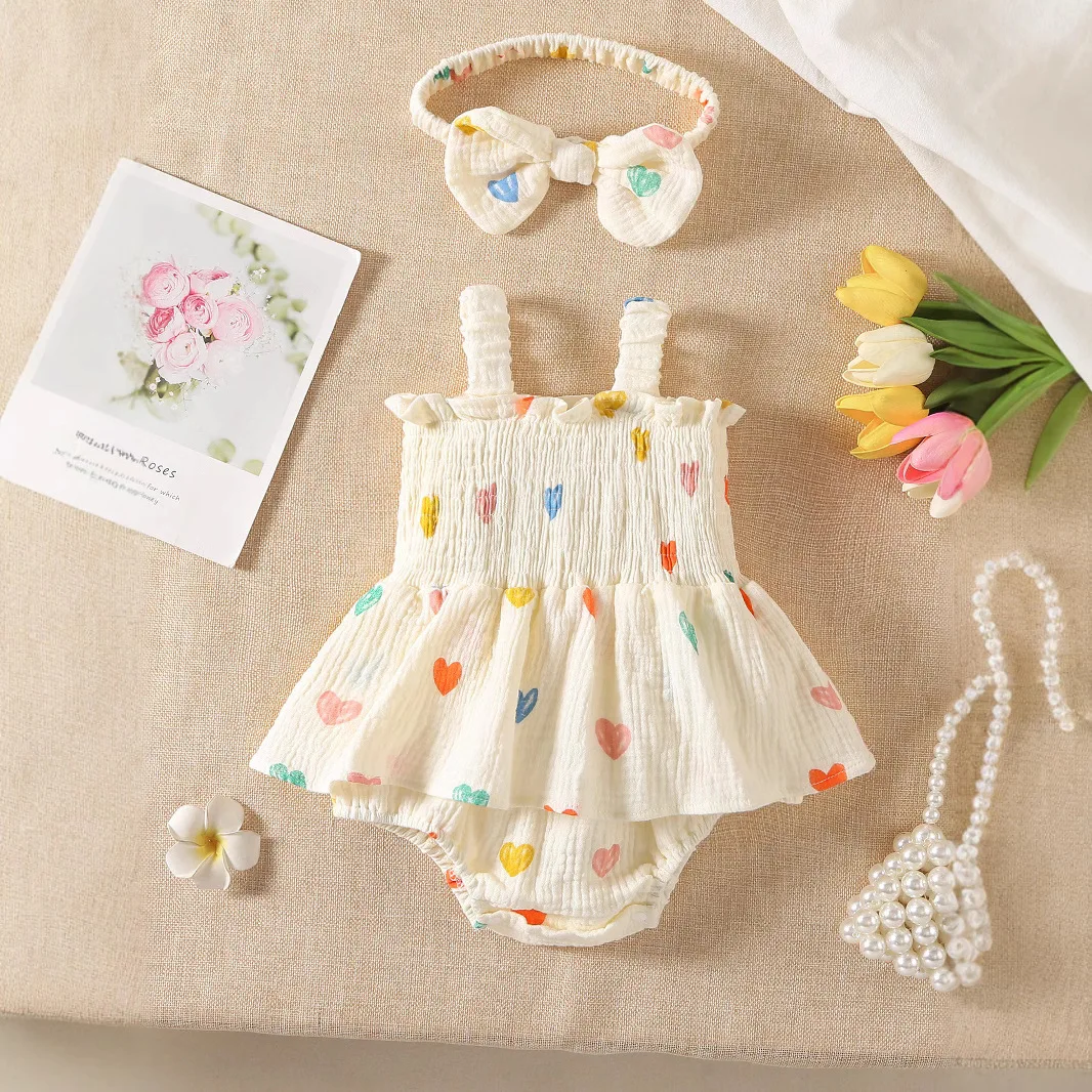 Ropa para niñas de 0 a 2 años, mono con estampado de corazón, camisola bonita, traje infantil de una pieza con volantes y diadema