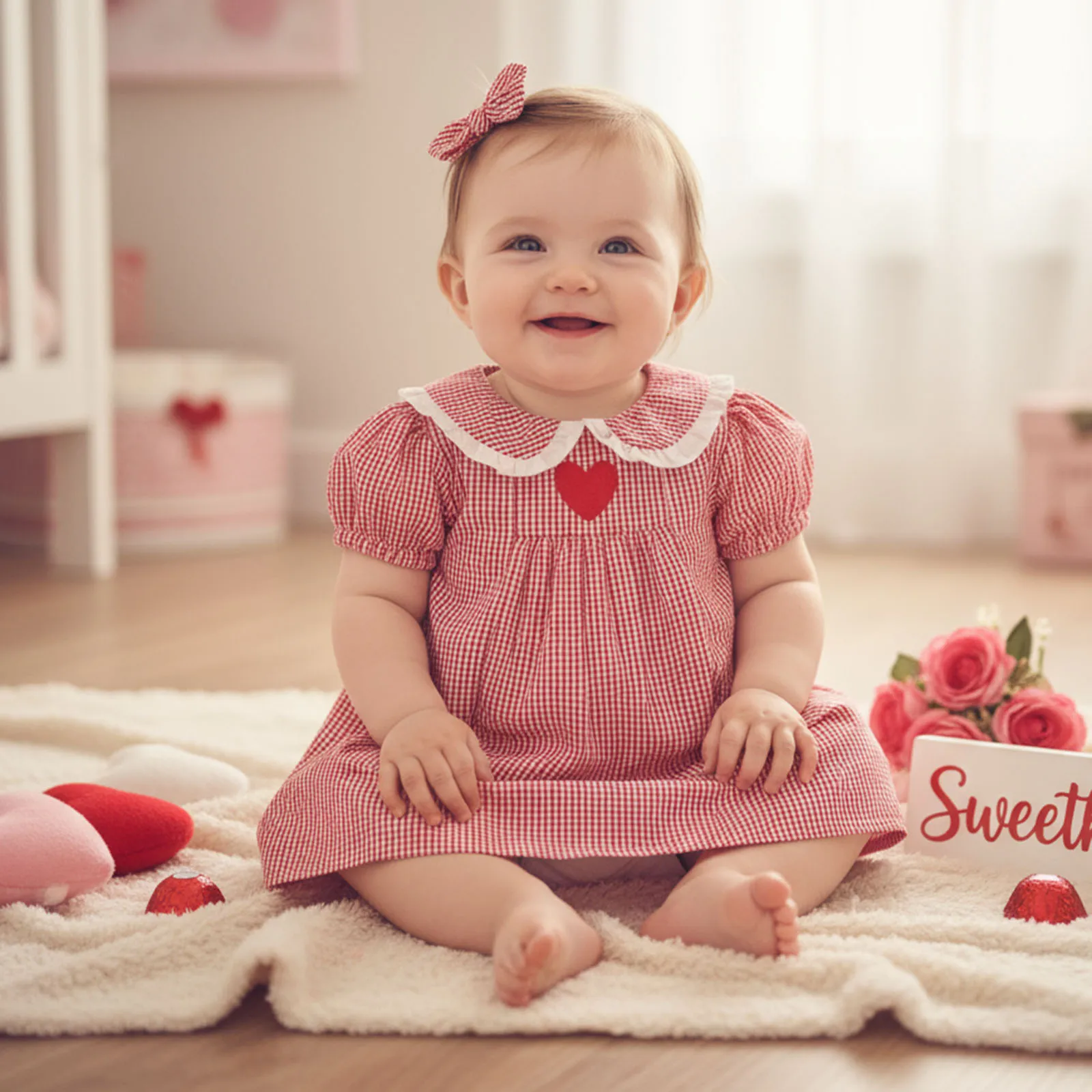 Vestido de San Valentín para niñas pequeñas, vestido holgado de manga corta con cuello de muñeca a cuadros y bordado de corazón de amor - imagen 3
