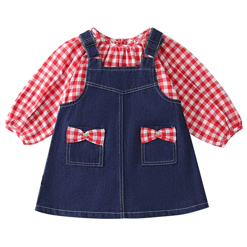 Conjunto de 2 piezas de ropa para niña, moda coreana, Tops de manga larga rojos a cuadros + vestido vaquero con lazo, ropa de Boutique para niño B056