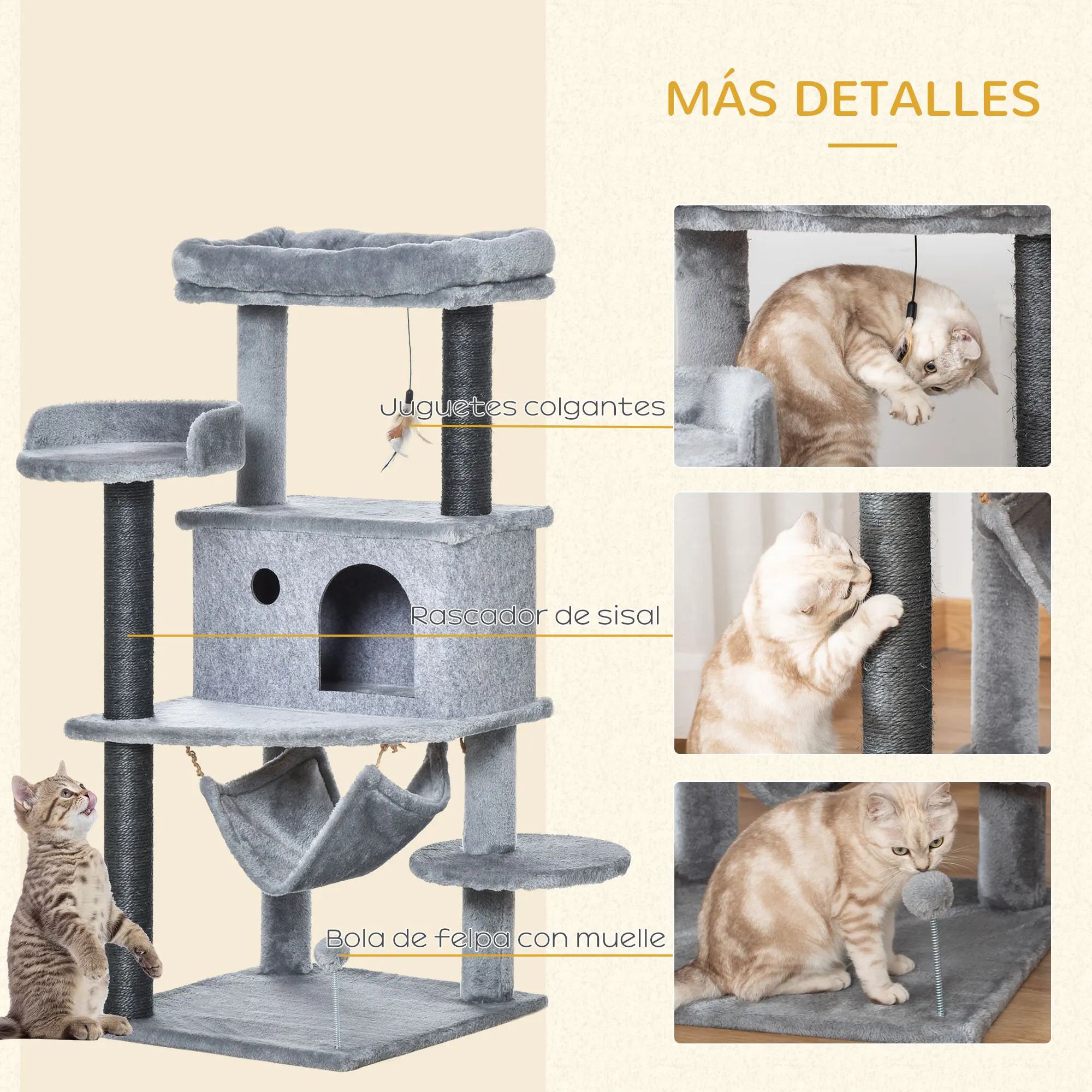 PawHut Árbol Rascador para Gatos 48x48x107 cm con Cueva de Fieltro Desmontable Hamaca Camas de Felpa Múltiples Plataformas Postes Rascadores de Sisal y Juguetes Gris - imagen 5
