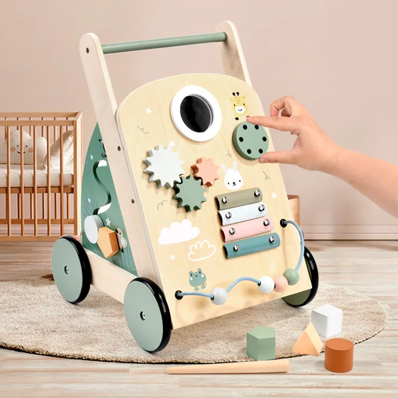 Piano de madera que toca la rueda de cuentas, carrito de compras multifuncional para caminar para bebés, rompecabezas de juguete para jugar a las casitas y niños